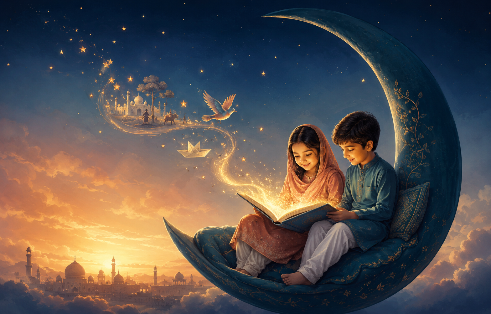 دو بچے جادوئی کتاب پڑھتے ہوئے