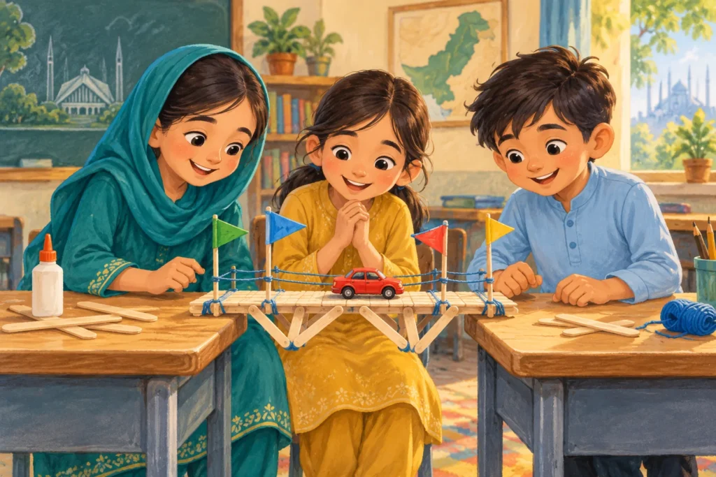 مریم، زویا اور حارث جماعت میں لکڑیوں کے بنے پُل پر سرخ کھلونا گاڑی چلا رہے ہیں۔