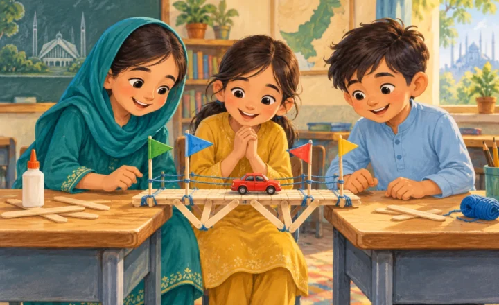 مریم، زویا اور حارث جماعت میں لکڑیوں کے بنے پُل پر سرخ کھلونا گاڑی چلا رہے ہیں۔