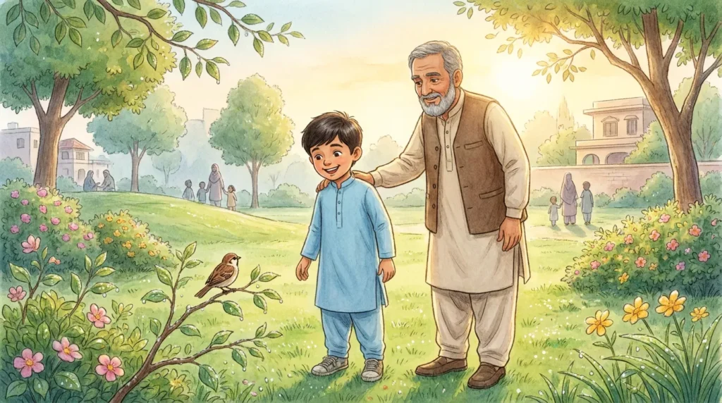صبح کے وقت پارک میں دادا ابو کے ساتھ چلتا آٹھ سالہ حمزہ، گھاس پر شبنم اور قریب جھاڑی کے پاس ایک ننھی چڑیا۔