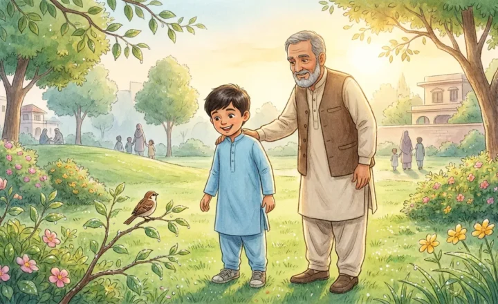 صبح کے وقت پارک میں دادا ابو کے ساتھ چلتا آٹھ سالہ حمزہ، گھاس پر شبنم اور قریب جھاڑی کے پاس ایک ننھی چڑیا۔